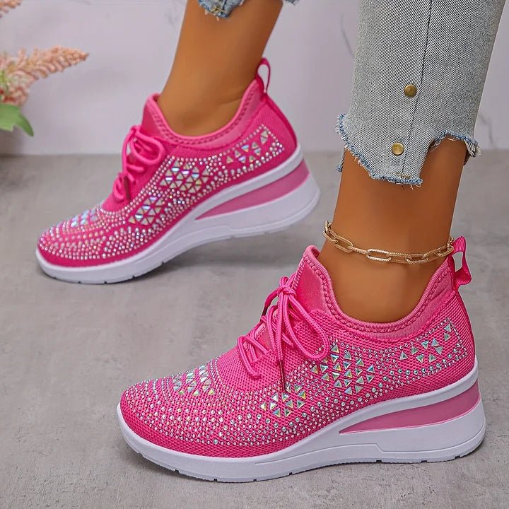 Stelvora Sneakersy Damskie z Kryształkami Rhinestone na Platformie – Modne Buty Sportowe ze Sznurowaniem - Pootivo