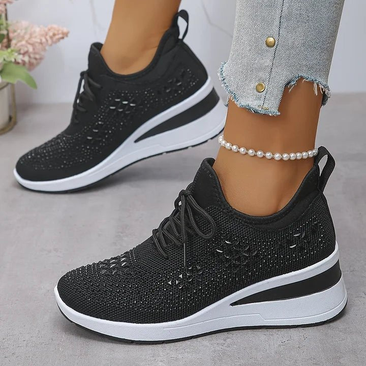 Stelvora Sneakersy Damskie z Kryształkami Rhinestone na Platformie – Modne Buty Sportowe ze Sznurowaniem - Pootivo