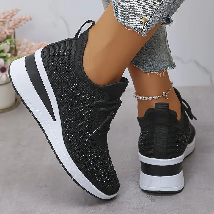 Stelvora Sneakersy Damskie z Kryształkami Rhinestone na Platformie – Modne Buty Sportowe ze Sznurowaniem - Pootivo