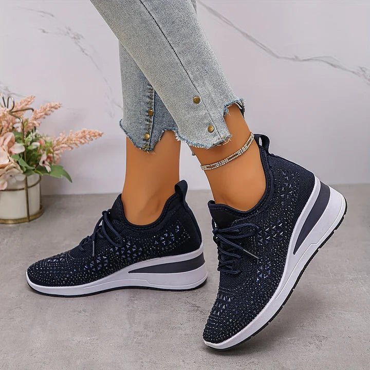 Stelvora Sneakersy Damskie z Kryształkami Rhinestone na Platformie – Modne Buty Sportowe ze Sznurowaniem - Pootivo