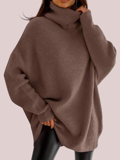 Brązowy sweter damski oversize z szerokim golfem