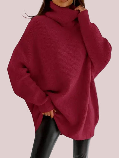Bordowy sweter damski oversize z szerokim golfem