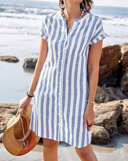 Stripova Sukienka Koszulowa Damska w Paski Bawełna Len z Dekoltem V – Elegancka Letnia Sukienka Mini - Pootivo