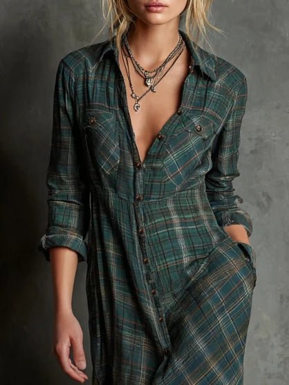 Tavela Sukienka Maxi W Kratę – Długa Sukienka Koszulowa Z Długim Rękawem - Pootivo