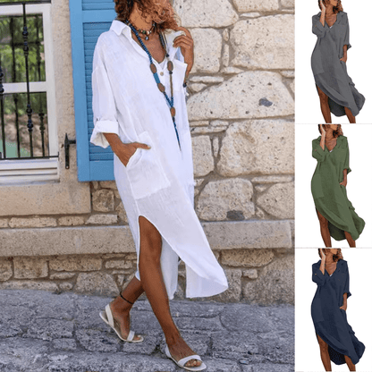 Tessé Lniana Sukienka Koszulowa Damska Oversize – Długa Letnia Tunika - Pootivo