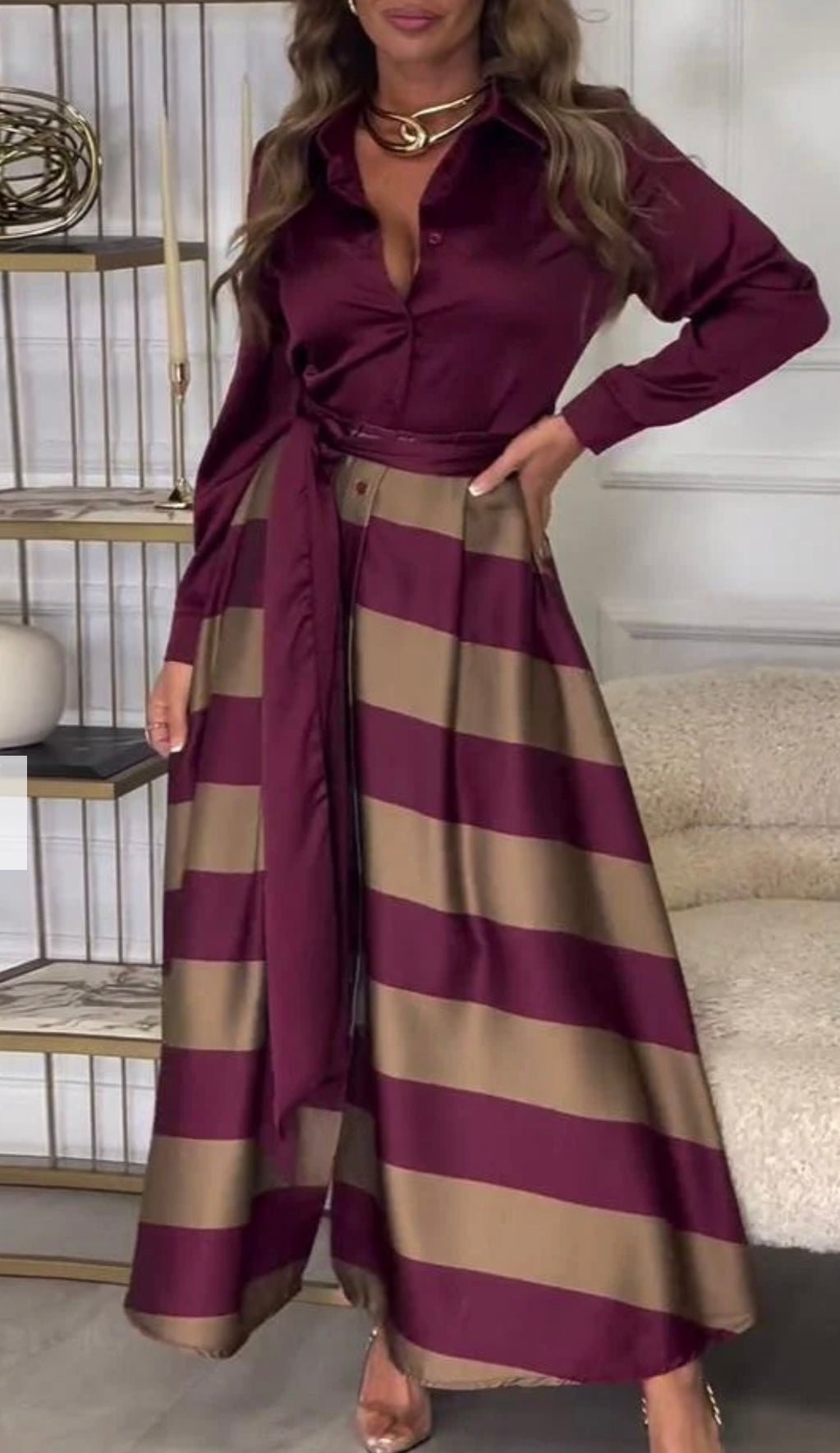 Valèra Sukienka Maxi Damska Elegancka z Długim Rękawem Suknia w Paski - Pootivo