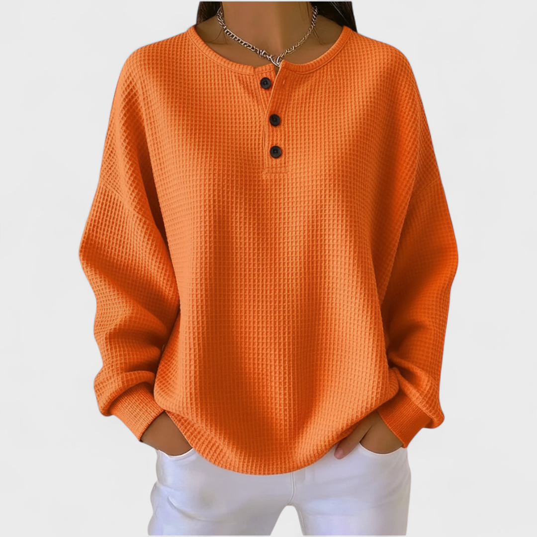 Damski sweter henley z waflowej dzianiny – pomarańczowy