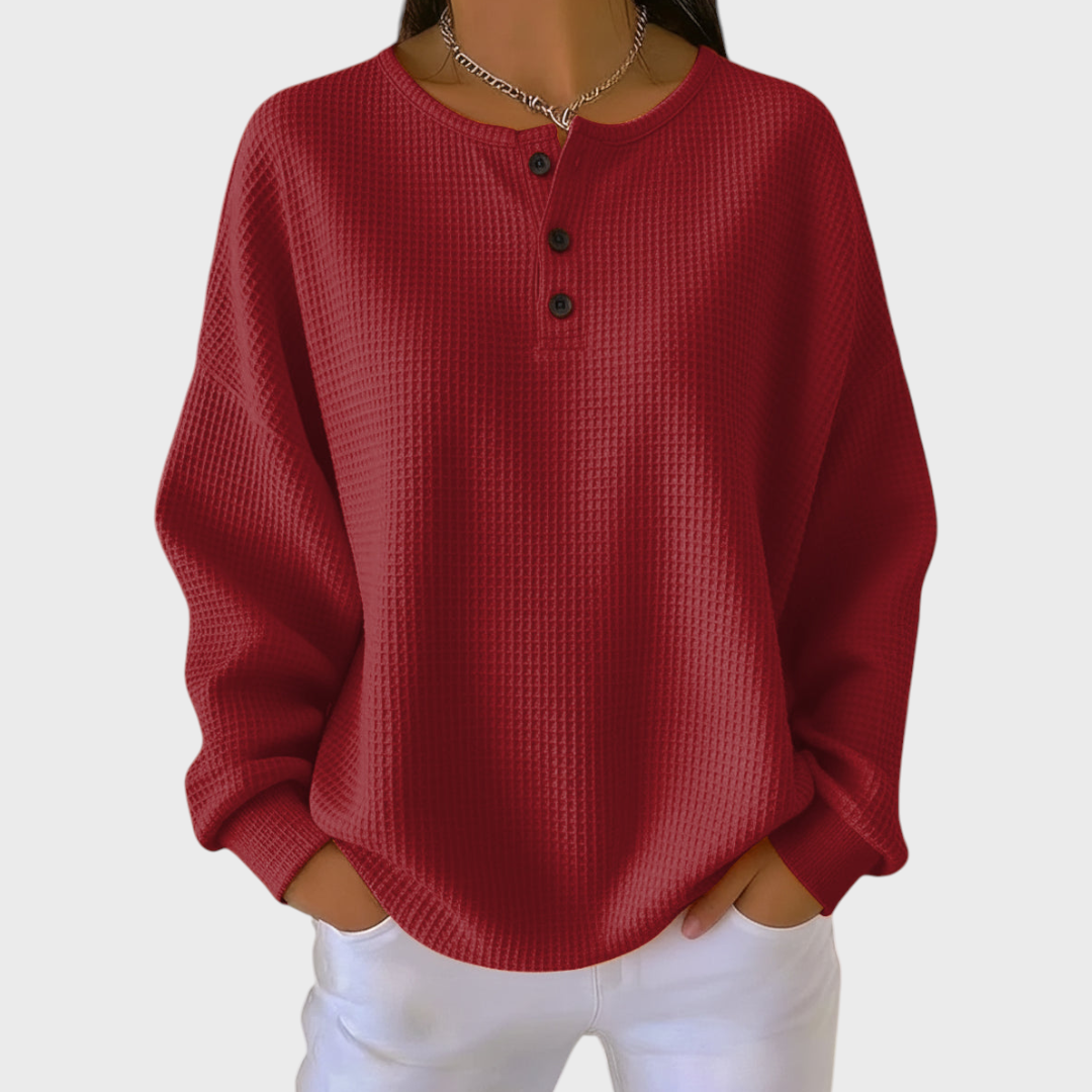 Damski sweter henley z waflowej dzianiny – czerwony