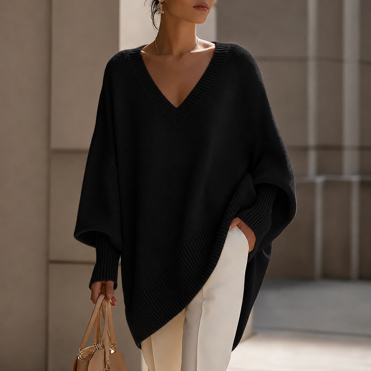 Oversizowy sweter damski z dekoltem w serek – czarny