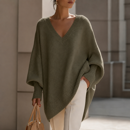 Oversizowy sweter damski z dekoltem w serek – oliwkowy
