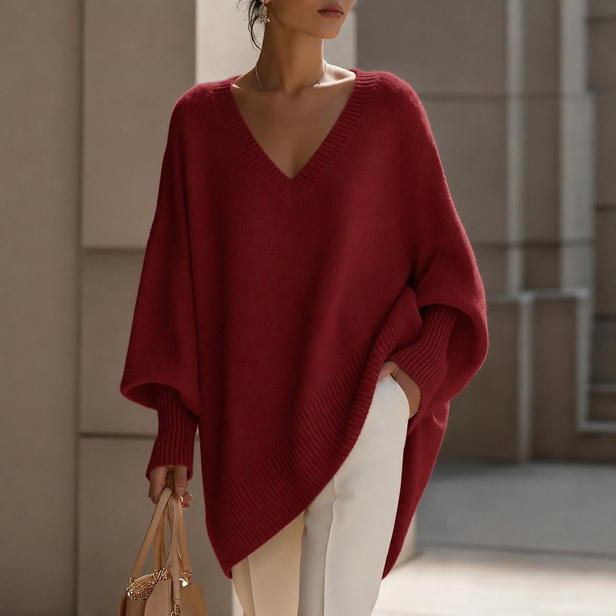 Oversizowy sweter damski z dekoltem w serek – czerwony