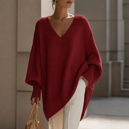 Oversizowy sweter damski z dekoltem w serek – czerwony